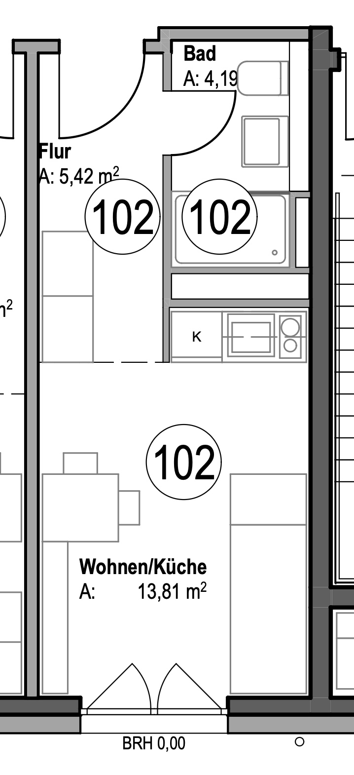 Floor Plan WE 102 · Room layout · planquadrat Architects, scale 1:100