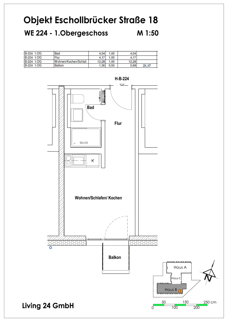 Grundriss WE 224 — Notar-Anlage 2 zum Kaufvertrag, 1. Obergeschoss, Eschollbrücker Straße 18, Maßstab 1:50