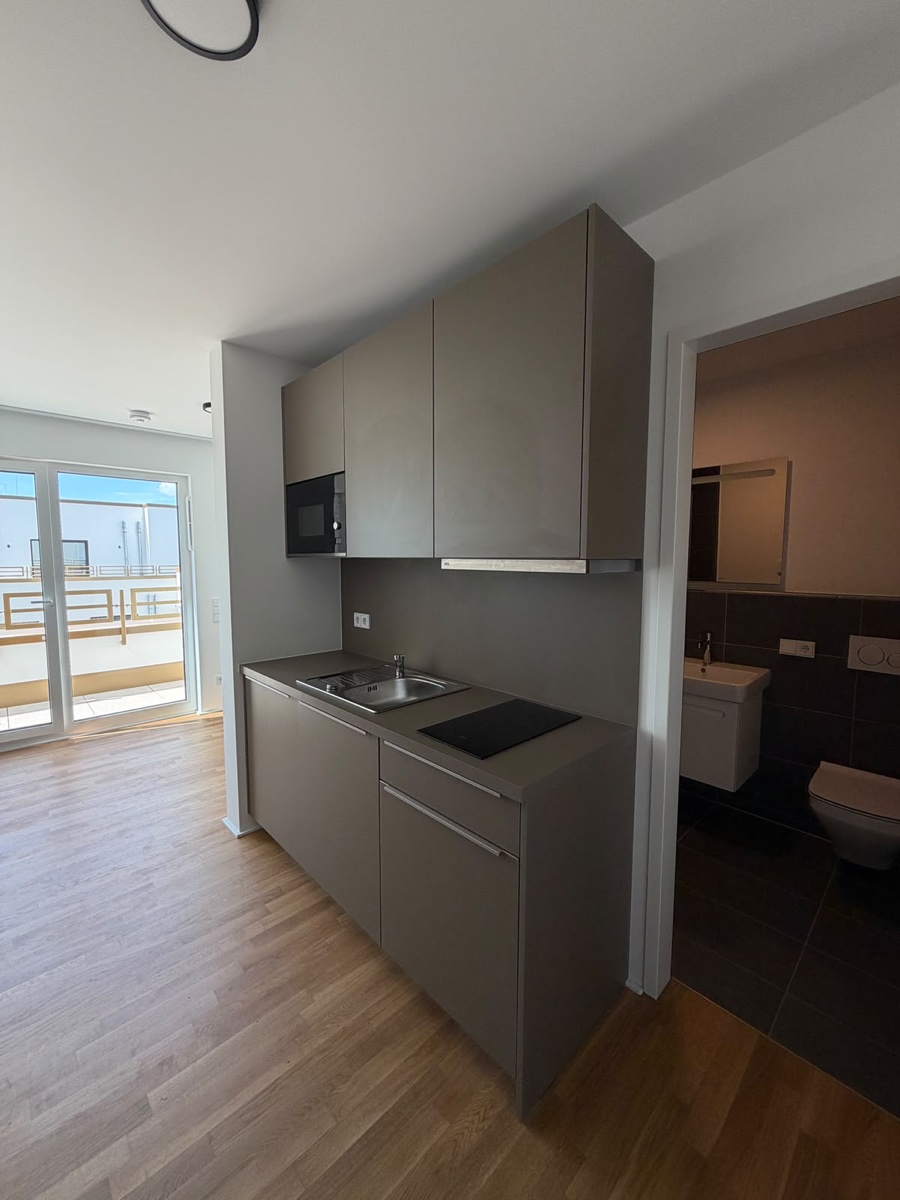 Kitchenette with view towards terrace and bathroom